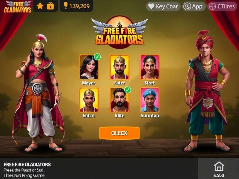 Free Fire Gladiators - Character Selection with Indian Skins Free Fire Gladiators character selection screen with Indian-themed skins